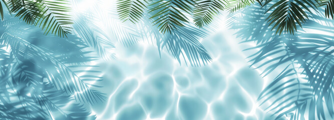 Abstract Tropical Palm Leaf Shadows on Water Surface with Light Blue and White Colors - Summer Beach Vacation Concept Banner