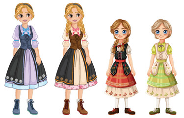 Four women in colorful traditional dresses