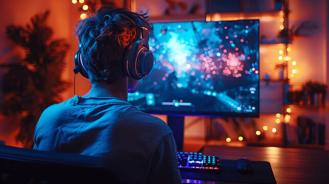 young man playing video game at home with headphones in front of colorful monitor night scene from behind