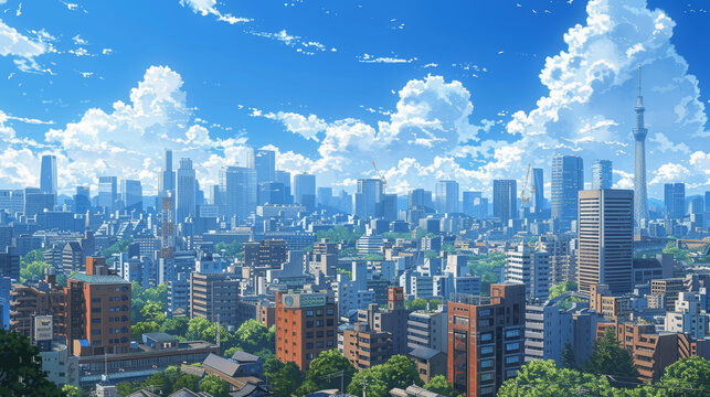 beautiful tokyo skyline with skyscrapers and office buildings anime style city view daytime blue sky wallpaper background