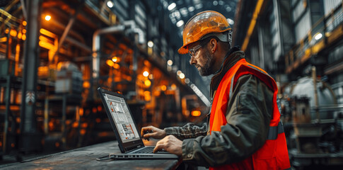 Engineer Using Laptop at Automated Car Manufacturing Factory with Robotic Arms Technology