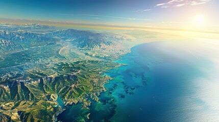 Physical map of Planet Earth, centered on the Mediterranean Sea. Satellite view of Southern Europe and North Africa with the sun shining on the horizon. 3D illustration.