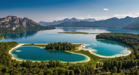 Fototapeta premium A lake in the shape of the world's continents in the middle of untouched nature. A metaphor for ecological travel, conservation, climate change, global warming and the fragility