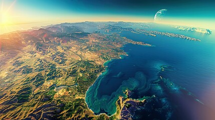 Physical map of Planet Earth, centered on the Mediterranean Sea. Satellite view of Southern Europe and North Africa with the sun shining on the horizon. 3D illustration.