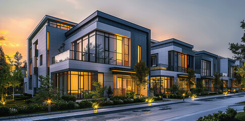 Modern Townhouses with Panoramic Windows at Dusk in Contemporary Residential Complex