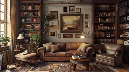 Cozy and inviting vintage living room with bookshelves and warm lighting