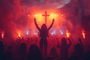 Worship at Christian Church Service Crowd with Raised Hands in Praise and Prayer on Stage with Cross Sign