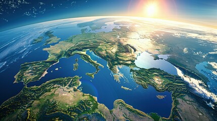 Physical map of Planet Earth, centered on the Mediterranean Sea. Satellite view of Southern Europe and North Africa with the sun shining on the horizon. 3D illustration.