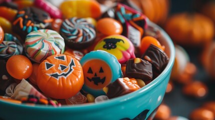 A Halloween candy bowl filled with a variety of sweets, waiting for eager trick-or-treaters.