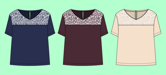 ladies short sleeve lace details 3 pack t-shirt fashion illustration flat sketch vector.