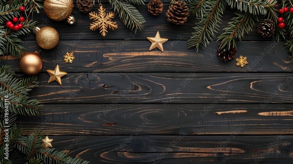 Poster Top view of dark wooden background adorned with Christmas decorations and spruce branches