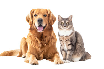 Golden Retriever dog and cat sitting together. On transparent background.