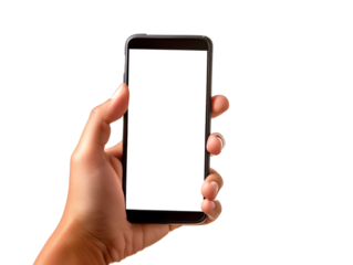 Hand holding smartphone with blank screen. Isolated, on transparent background.