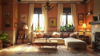 Cozy living room with vintage furniture, a warm atmosphere, and stylish decor