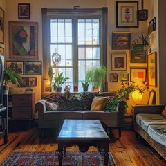 Cozy vintage living room with a warm atmosphere and framed art