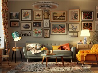 Cozy vintage living room with framed artwork and soft couch