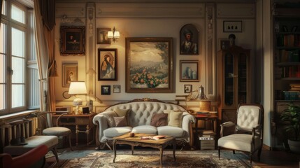 Cozy vintage living room with framed art and warm atmosphere