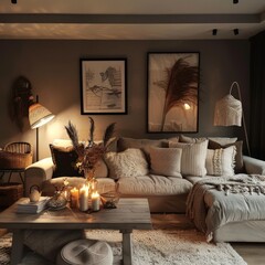 Cozy vintage living room with stylish lamps and soft lighting
