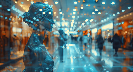 Blurred background of a luxury fashion shop interior with mannequins and glass windows, abstract motion blur effect in a stylish boutique creating a copy space concept with bokeh and soft focus