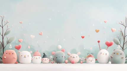 A cute and whimsical lineup of pastel-colored, fluffy characters with heart decorations set against a soft, cloudy background.