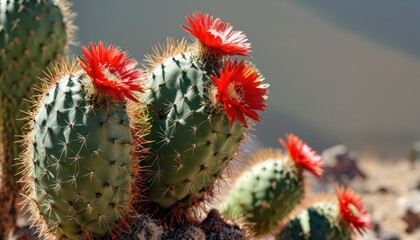 Blooming Cactus with Red Flowers.
