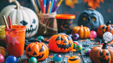 A Halloween-themed arts and crafts table for kids, with materials to make masks and spooky decorations.