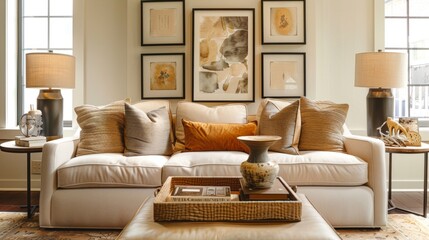 Vintage living room with a soft couch, stylish lamps, and framed artwork