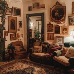 Vintage living room with cozy vibes, soft lighting, and framed pictures