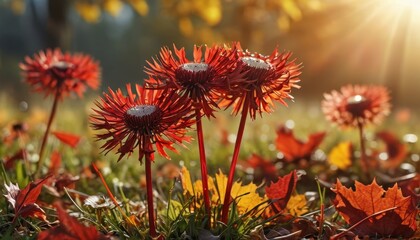 Obraz premium Red Flowers in Autumn Sunlight.