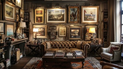 Fototapeta premium Vintage living room with framed artwork, warm lighting, and stylish decor