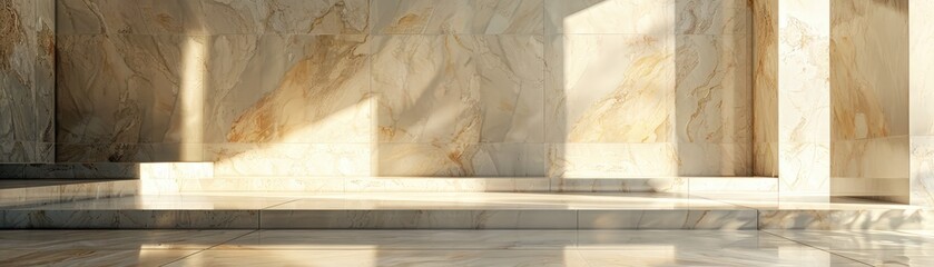 A serene interior space featuring polished marble walls and floor, illuminated by natural sunlight casting intricate shadows.