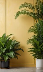 Obraz premium Two Potted Palm Plants in Front of a Yellow Wall.