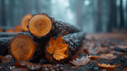 Pile of Cut Timber Logs in Foggy Forest Background Dark Pine Trees Natural Environment Wallpaper