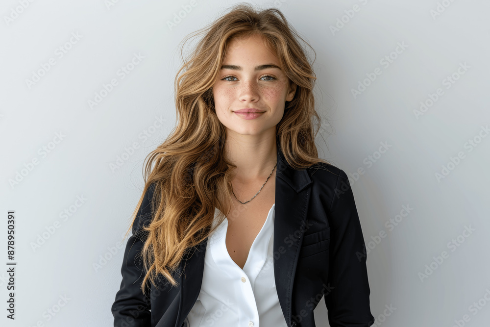 Canvas Prints stylish female executive confident in black blazer and suit pants smiling in high resolution studio 