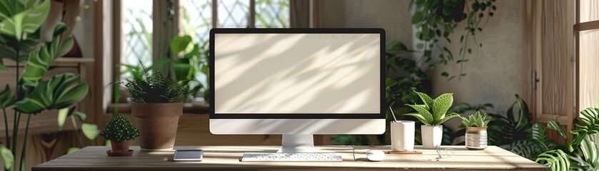 Fototapeta premium A modern home office setup featuring a desktop computer, surrounded by various indoor plants, bathed in natural sunlight from large windows.