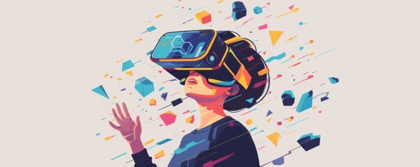 Fototapeta premium Digital Exploration: Person in VR Headset Navigating Virtual Reality World - Flat Design Illustration