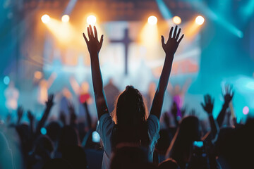 Christian worship service with people praising and praying to God in church on Sunday