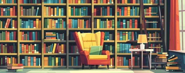 Serene Home Library Escape: Colorful Books, Reading Chair - Flat Design Illustration