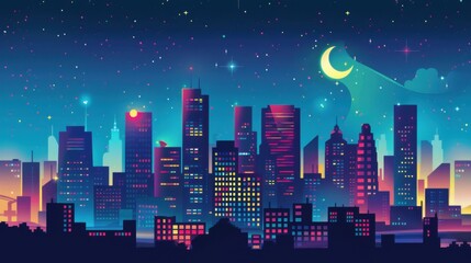 Naklejka premium Glowing Night City: Modern Flat Design Skyline Illustration with Illuminated Buildings