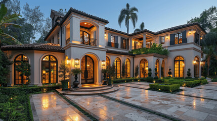 luxury Spanish colonial home with white walls and stone walkway, modern design, elegant dusk lighting
