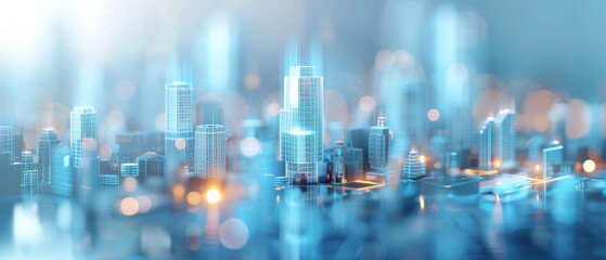 Obraz premium Abstract cityscape with skyscrapers and buildings in soft focus, illuminated by glowing lights, creating a futuristic urban atmosphere.