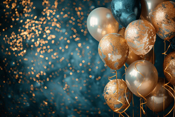 Elegant blue and gold party decor with metallic balloons and ribbons, perfect for birthdays, anniversaries, holidays, and celebrations