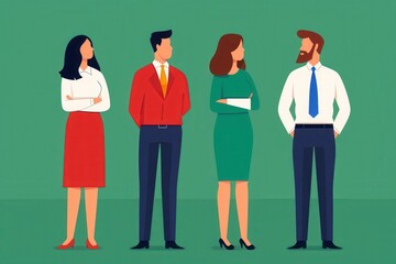 Fototapeta premium Illustration of a diverse group of business professionals standing in a line, showcasing teamwork and corporate diversity.