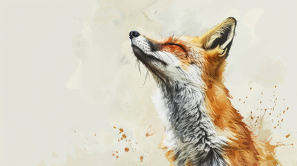 Obraz premium A digital painting of a fox looking upward with a content expression, set against a clean background with subtle watercolor splashes. The fox's fur is detailed, showing shades of orange and white.