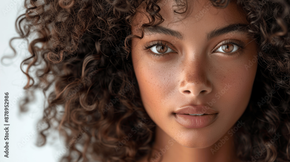 Wall mural beautiful african american woman with curly hair posing on white background for shampoo conditioner 