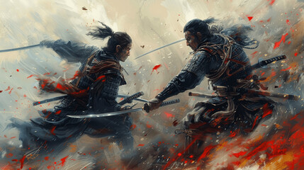 samurai duel battle with swords on rainy day in ancient japan with detailed background high resolution dramatic scene