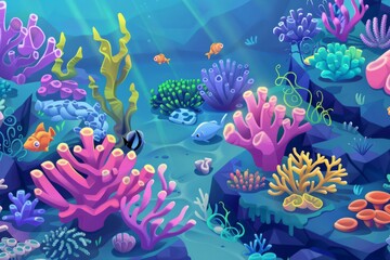 Isometric underwater world filled with colorful coral reefs and exotic sea creatures