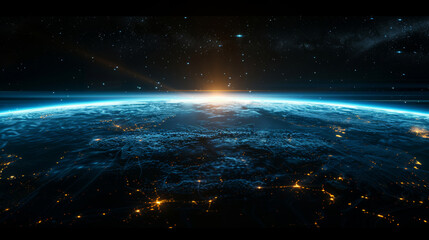 Earth, pale blue light on the horizon, minimalist abstract technological lines surrounding the planet, black background