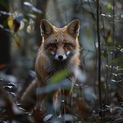 Fototapeta premium A sneaky fox prowling through the forest, its eyes gleaming in the darkness and its tail held low By Generated AI