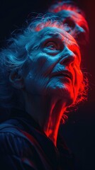 Portrait of the head of an elderly woman watching a movie in a cinema